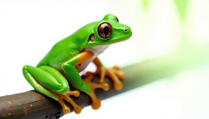 Naklejka premium Green tree frog perched on white, vibrant skin, clean background, rainforest, closeup