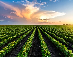A vast soybean field at sunset