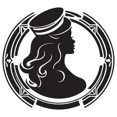 Retro Art Deco Beauty Salon Logo with Elegant Woman in Hat Silhouette and Circular Frame. 
