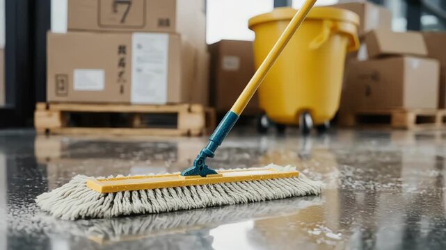 Close up of wet floor being cleaned with mop in warehouse with boxes indoors