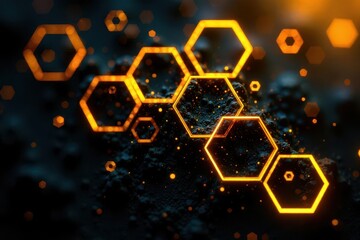 Illuminated Hexagons on a Dark Textured Surface An Abstract Composition of Glowing Geometric Shapes