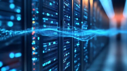 Digital server room with glowing data streams flowing across server racks - Powered by Adobe