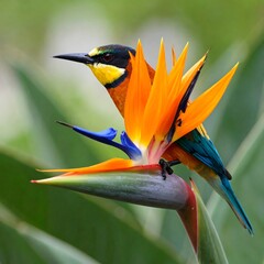 A vibrant bird perched on a striking flower