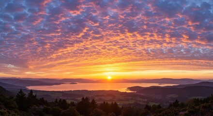 Fototapeta premium Scenic landscape with colorful sunset sky over the lake