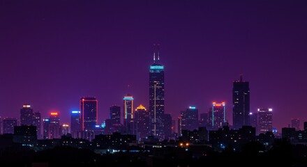 Fototapeta premium Night cityscape silhouette with illuminated buildings