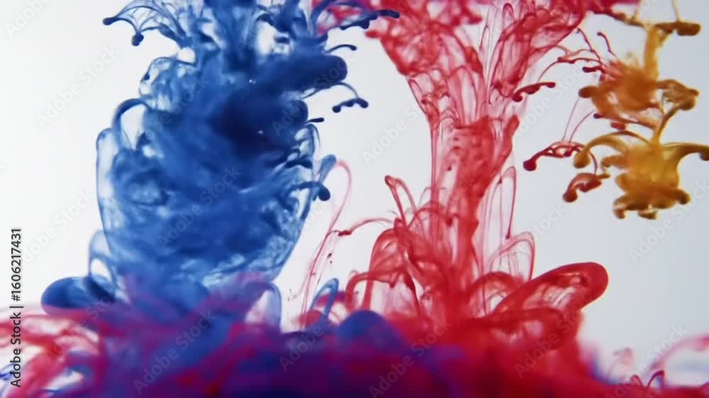 Poster vivid red and blue ink streams elegantly disperse and combine in water, creating a mesmerizing abstr