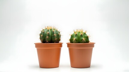 Fototapeta premium Two Green Round Cactus Plants in Brown Pots on Bright White Background