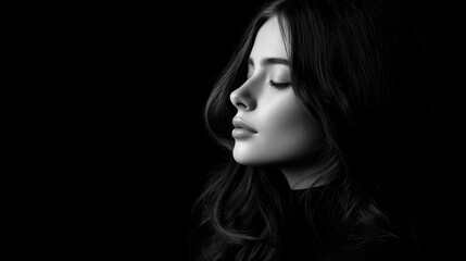 Fototapeta premium high-contrast black and white close-up portrait of a young woman in side profile facing left, horizontal composition