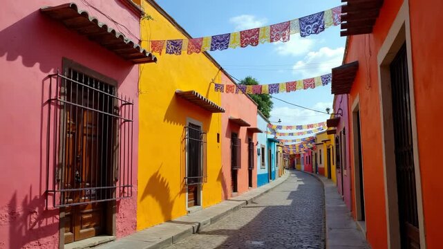A vibrant Mexican street adorned with brightly painted houses and colorful papel picado banners under a clear blue sky, evoking a sense of cultural celebration.