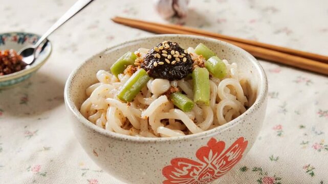 Delicious Asian noodle bowl with green beans and black bean sauce close up shot