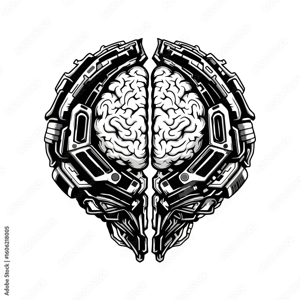 Poster futuristic brain enclosed within a robotic armor representing advanced ai technology