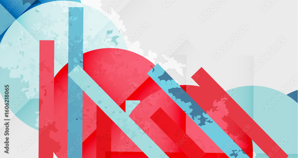 Poster abstract design features overlapping red, blue shapes. circular element adds texture, creating moder