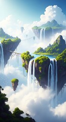Lush, floating islands cascading with waterfalls.