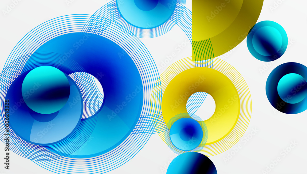 Poster abstract composition featuring overlapping circles, rings, gradients. blue, yellow hues dominate des