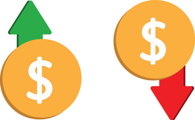 Currency Trend Icons – Orange Dollar Coins with Upward and Downward Arrows Representing Financial Growth and Decline in Minimalist Flat Style