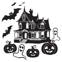  Silhouette style depicting a charmingly spooky haunted house scene. 
