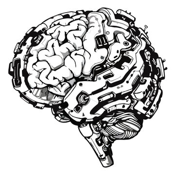 Mechanical mind: Detailed illustration of a robotic brain concept in black and white