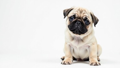 Playful pug puppy against pure white backdrop, wrinkles, domestic dog, animal portrait