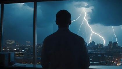 Man watching lightning storm over city skyline from office window at night beautiful scene