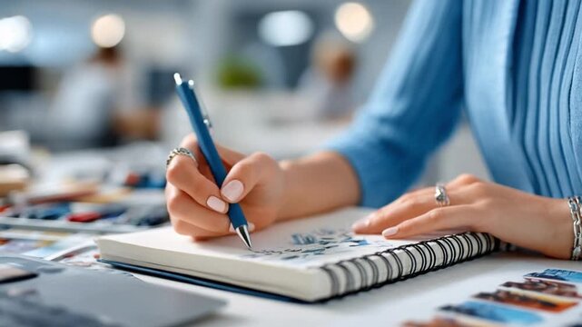 The Writer's Touch: A detailed capture of a woman's hand gracefully guiding a pen across the blank pages of a notebook, in a close-up perspective, embodying creativity and focus.