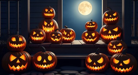 Halloween pumpkins on a porch at night.