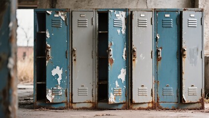A row of weathered lockers, their paint peeling with age, stand open in a dilapidated structure, hinting at stories of the past and a forgotten era.
