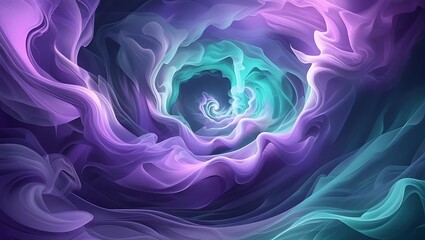 Fototapeta premium Ethereal plumes of purple and turquoise smoke swirling in a dynamic, abstract fluid art composition against a dark background.