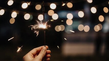 Hand holding a sparkler emitting bright sparks against a backdrop of blurred lights - Powered by Adobe