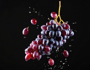 Fresh Red Grapes with Water Droplets on Black Background