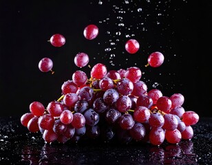 Fresh Red Grapes with Water Droplets on Black Background
