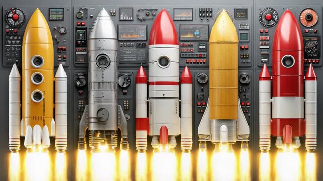 Rocket Launch Lineup: A vibrant display of vintage rockets poised for liftoff, presented against an intricate control panel backdrop, evoking a sense of futuristic adventure and retro-futurism.