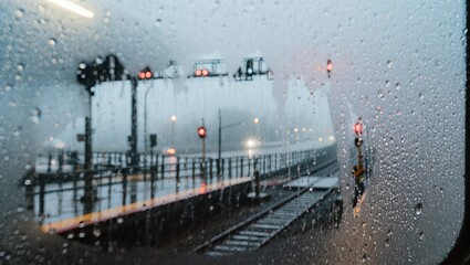 A rainy day view from train window, showing a train station and train tracks, the scene is seen through the rain-streaked window. 