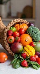 Colorful harvest cornucopia overflowing with fresh produce.