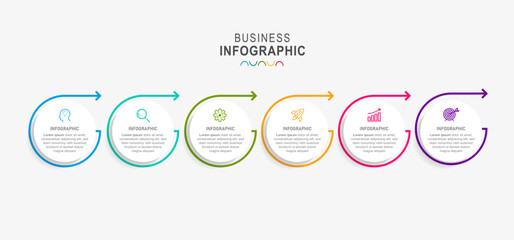 Line step infographic. 6 options workflow diagram, circle timeline number infograph, process steps chart. Linear vector infographics. Process order infographic arrow and steps point illustration
