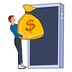 Money Bag Exiting Mobile Phone Illustration