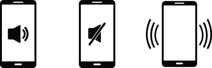 Smartphone Sound Mode Icons – Minimalist Silhouettes Depicting Sound On, Mute, and Vibrate Settings for Mobile Notification Control on a transparent background.