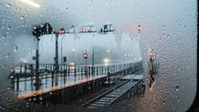 A rainy day view from train window, showing a train station and train tracks, the scene is seen through the rain-streaked window. 
