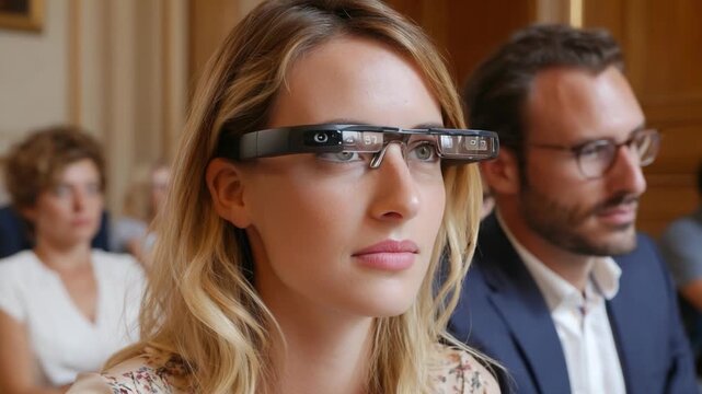 Smart Glasses in Conference: A captivating close-up of a woman wearing futuristic smart glasses, her eyes fixed intently as she attends a conference.