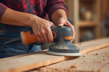 Female carpenter Using Electric Sander for wood. Close up people work in pink cinematic style with copy space
