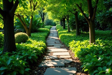 Stone pathway winding through garden, lush foliage , path, garden, winding
