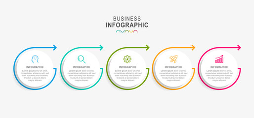 Line step infographic. 5 options workflow diagram, circle timeline number infograph, process steps chart. Linear vector infographics. Process order infographic arrow and steps point illustration