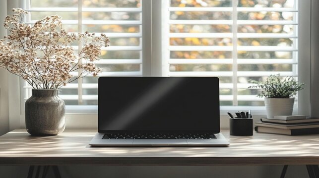 Laptop Workspace, Sunlit Desk - Powered by Adobe