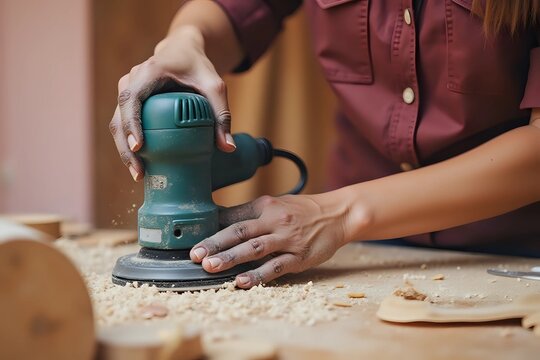 Female carpenter Using Electric Sander for wood. Close up people work in pink cinematic style with copy space