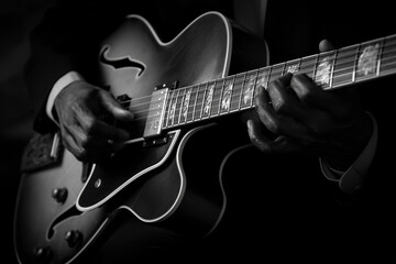 Fototapeta premium guitarist playing hollow body guitar