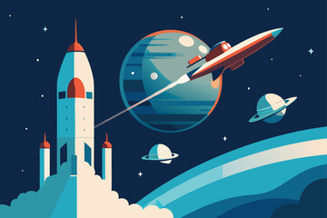 Fototapeta premium Retro spaceport with rocket launch and spaceship in orbit