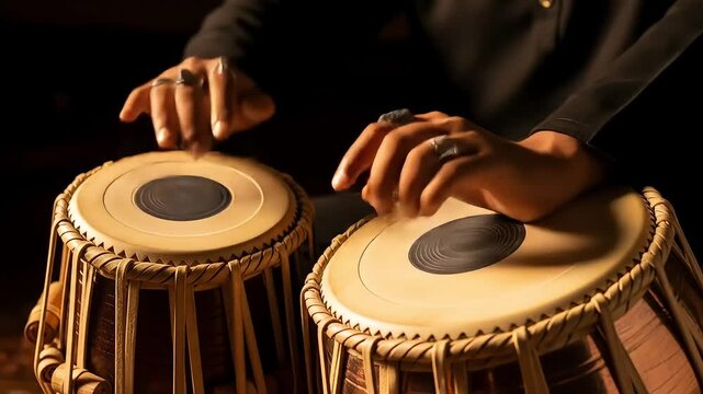 Close-up of Hands Playing Tabla Drums with Dark Background in Brown Tones
