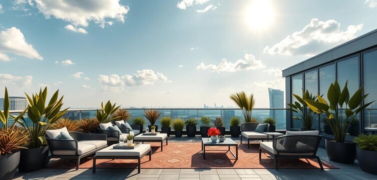 Sun-drenched penthouse terrace with sleek, AI-designed outdoor furniture, chair, comfortable