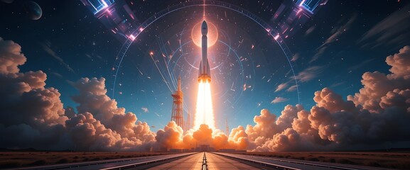 High-tech launch scene: rocket fires through a kaleidoscope sky, with radiant flare bursts and electric rainbow propulsion.