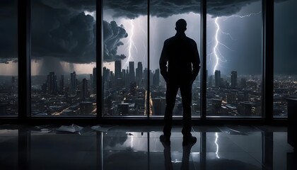 Man silhouette looking at city skyline during thunderstorm lightning strike view indoors