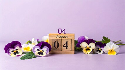 Wooden block calendar showing August 4 with violet and white flowers on pastel purple background
